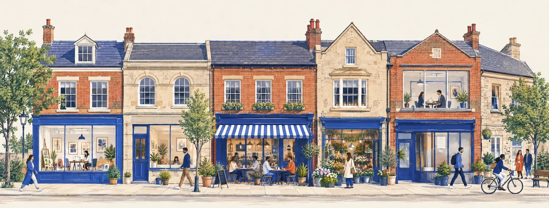 An illustrated northern English high street, with independent studios, consulting rooms, a café and neighbours going about their day